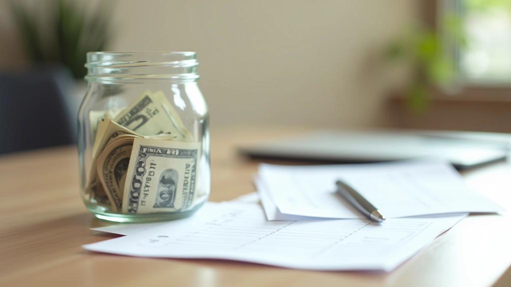 Clear glass jar partially filled with coins and dollar bills on wooden surface