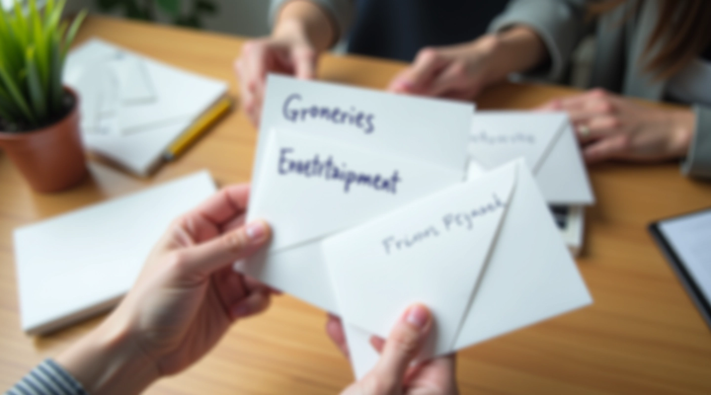 Hands holding white envelopes labeled with budget categories like Groceries and Utilities